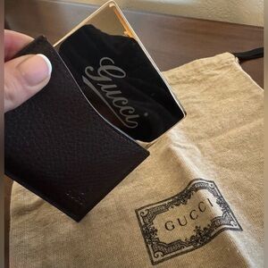 Gucci Gold-Tone Mirror with Brown Leather Sleeve (RARE)